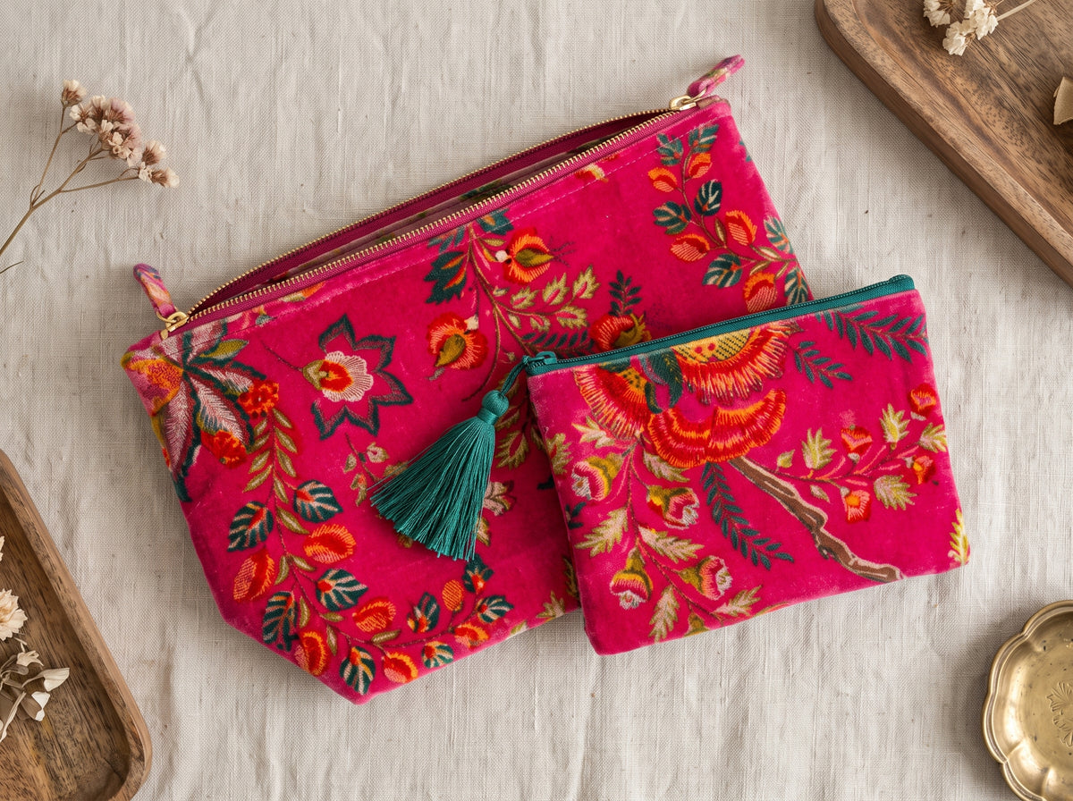 Velvet Chintz Pouch Duo in Fuchsia