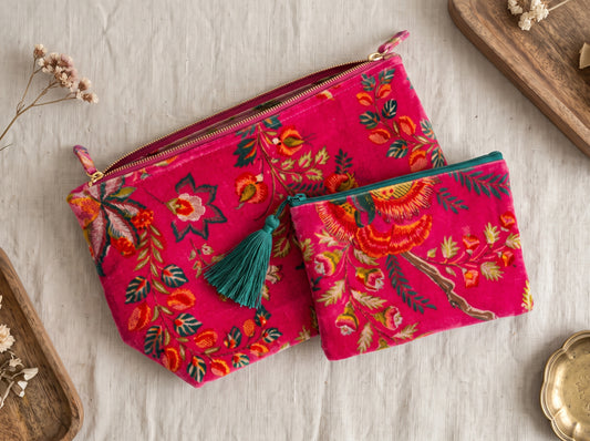 Velvet Chintz Pouch Duo in Fuchsia