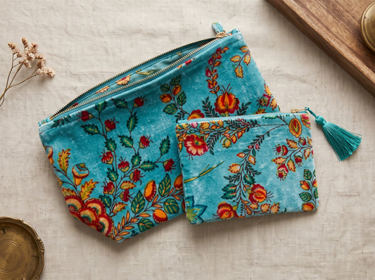 Velvet Chintz Pouch Duo in Turquoise