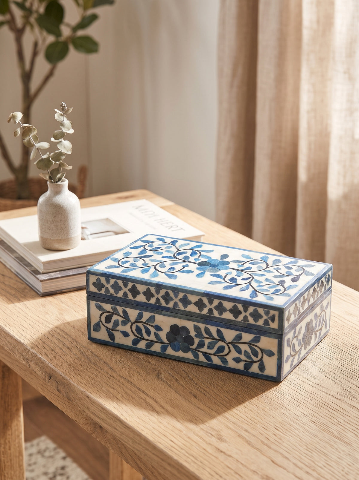 Indigo Jaipur Tendril Trinket Box with Bone Inlay