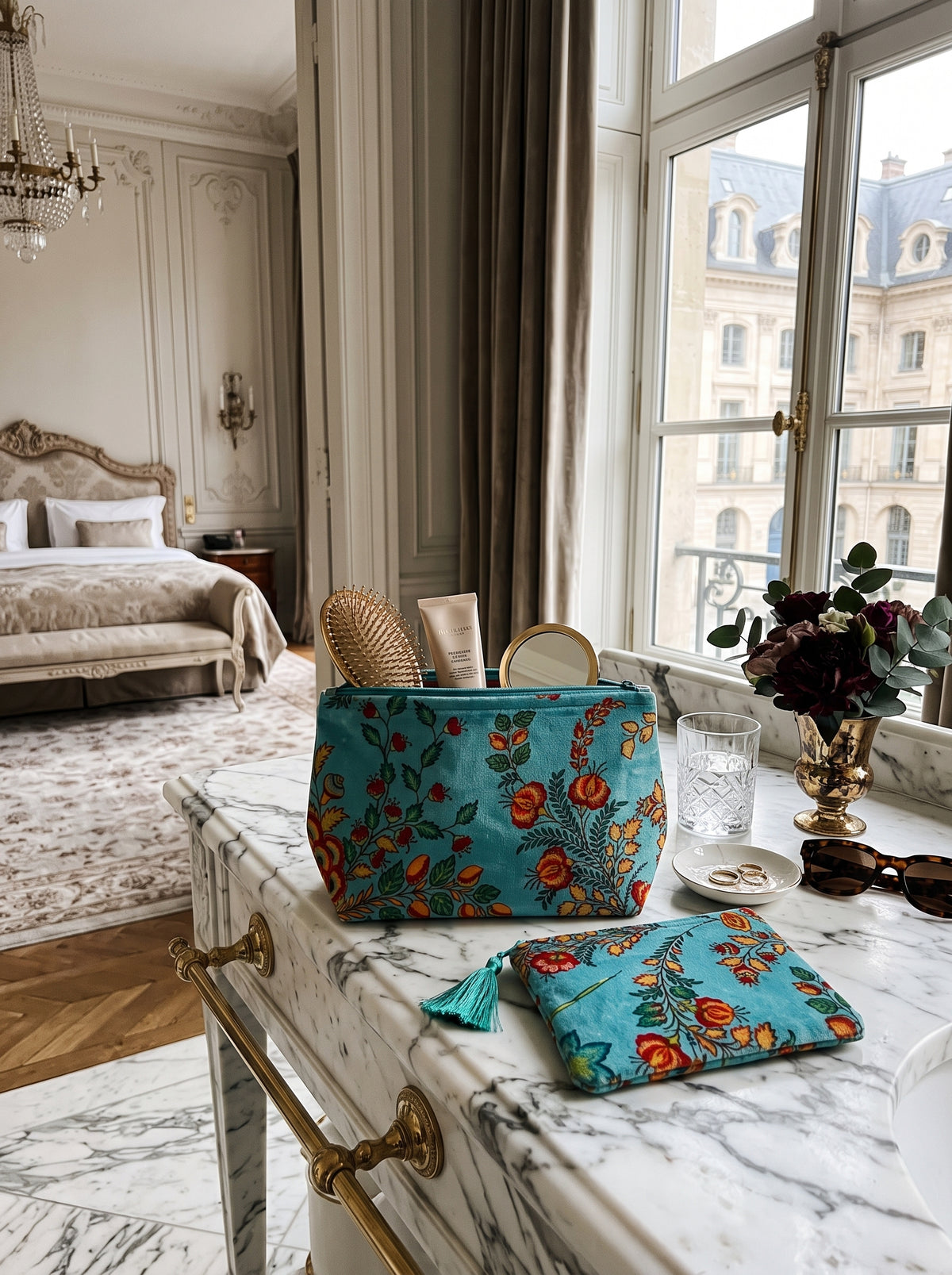 Velvet Chintz Pouch Duo in Turquoise