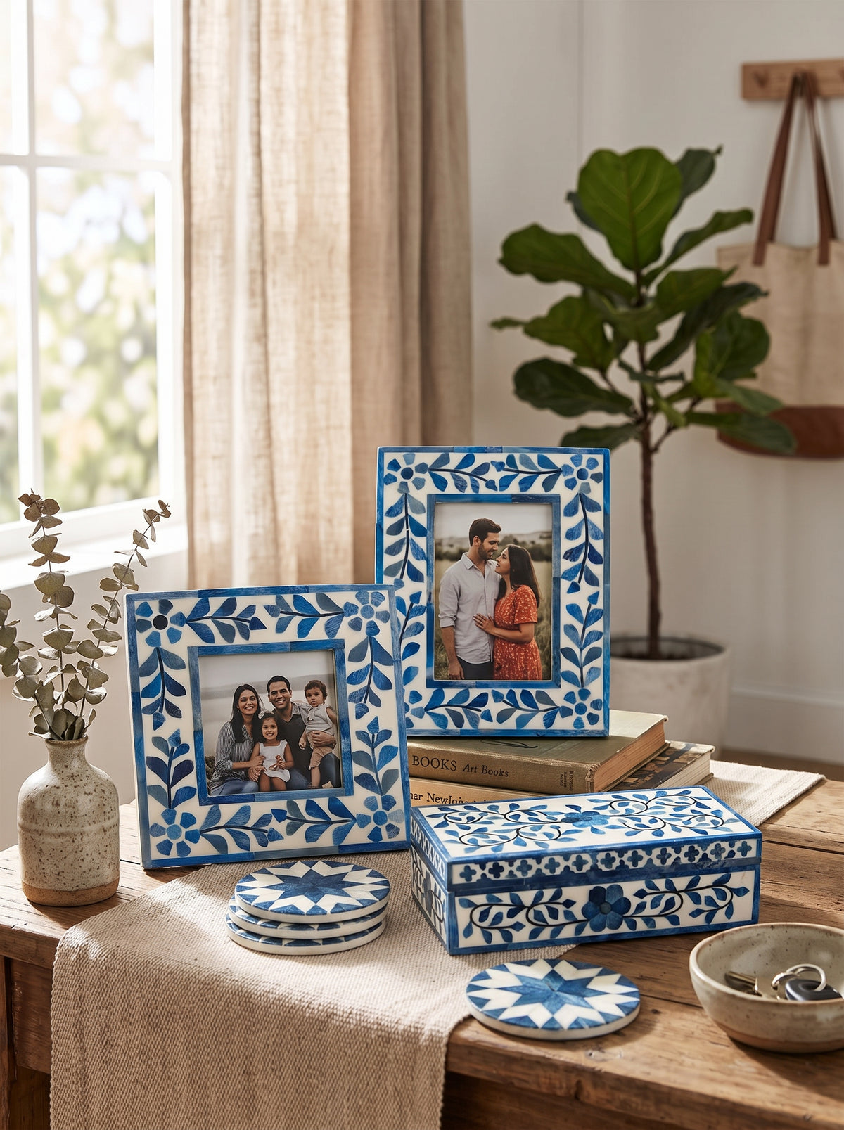 Indigo Jaipur Geometric Star Coasters with Bone Inlay