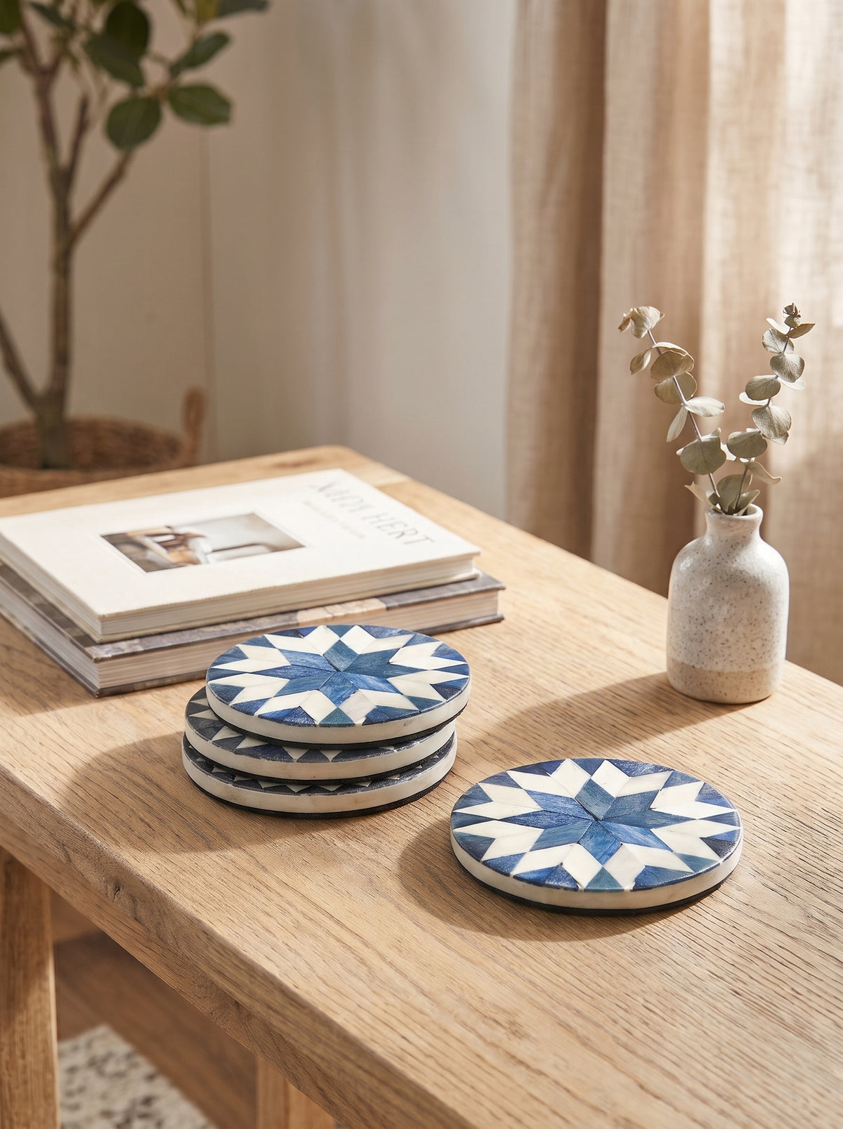 Indigo Jaipur Geometric Star Coasters with Bone Inlay