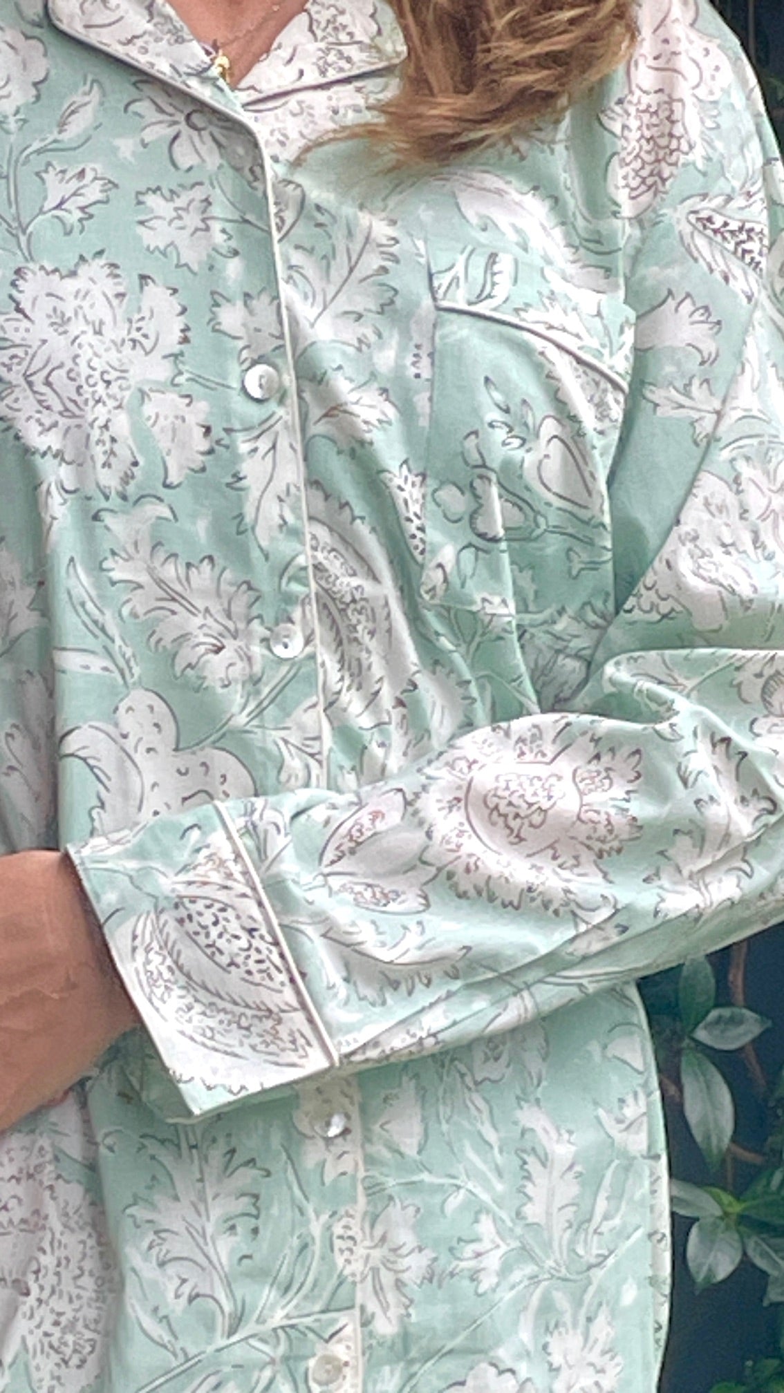 Quality Cotton Pyjamas in Sage & White Printed Pattern