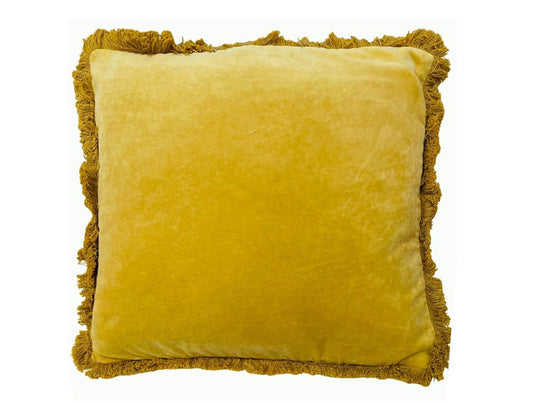 Cotton velvet cushion with fringes mustard yellow