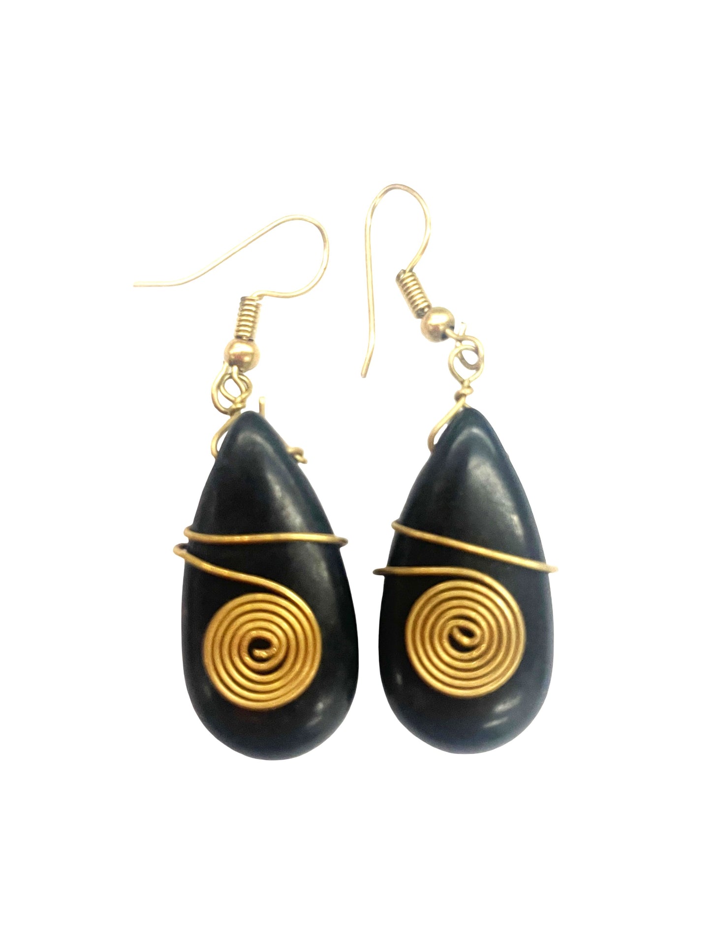 Artisanal Brass & Black Teardrop Spiral Earrings