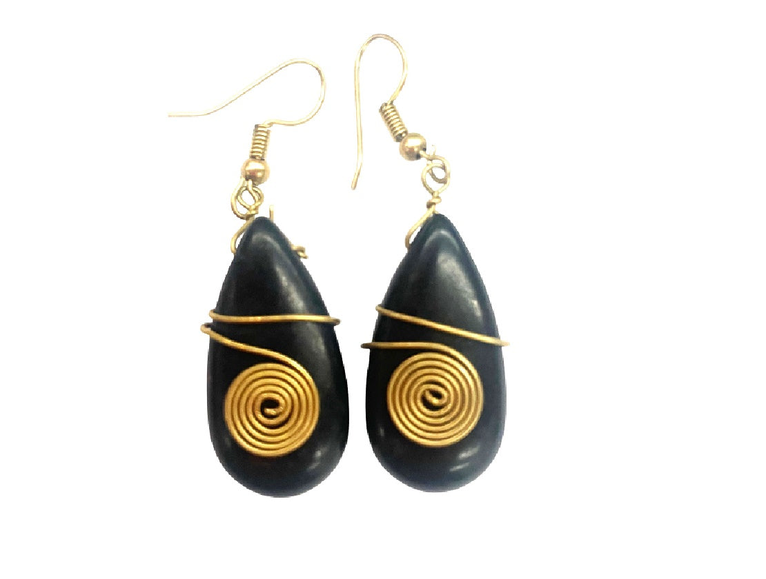 Artisanal Brass & Black Teardrop Spiral Earrings