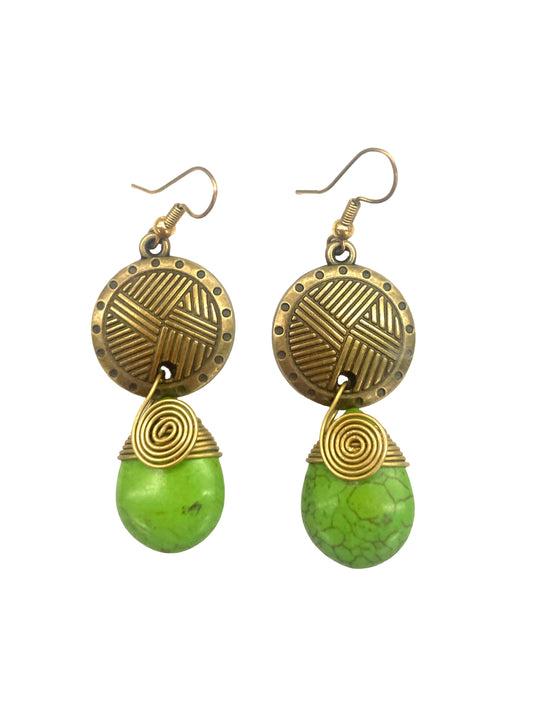 Vintage Brass & Green Stone Tribal Drop Earrings