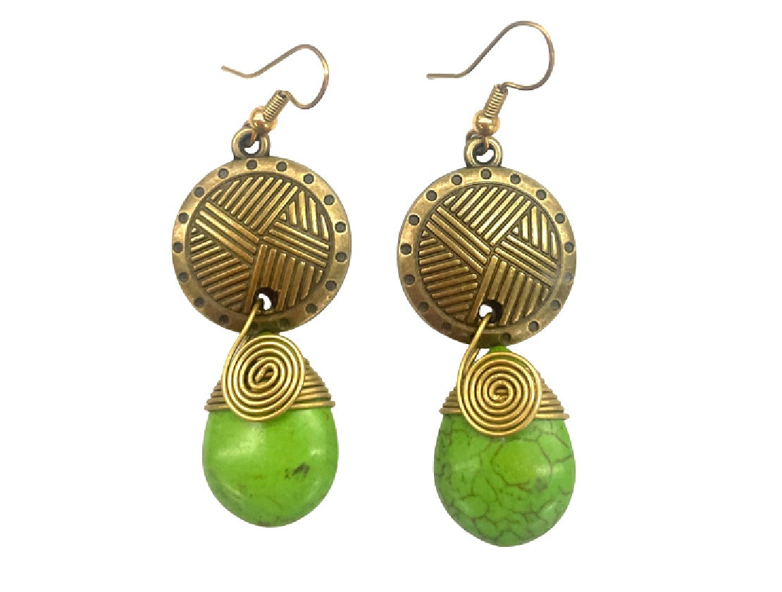 Vintage Brass & Green Stone Tribal Drop Earrings