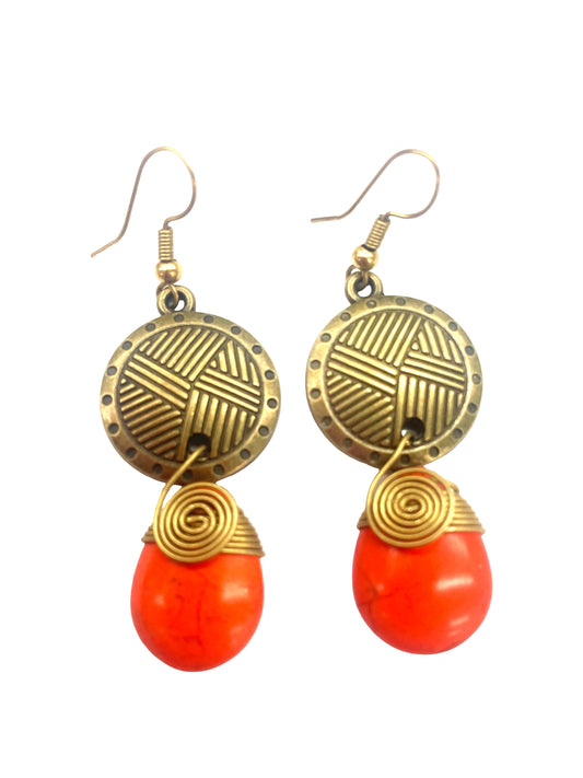 Vintage Brass & Coral Red Tribal Drop Earrings