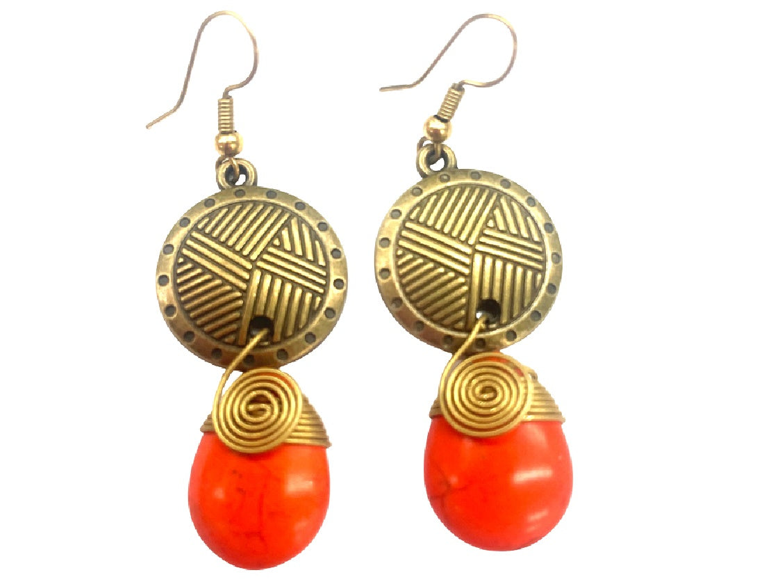 Vintage Brass & Coral Red Tribal Drop Earrings