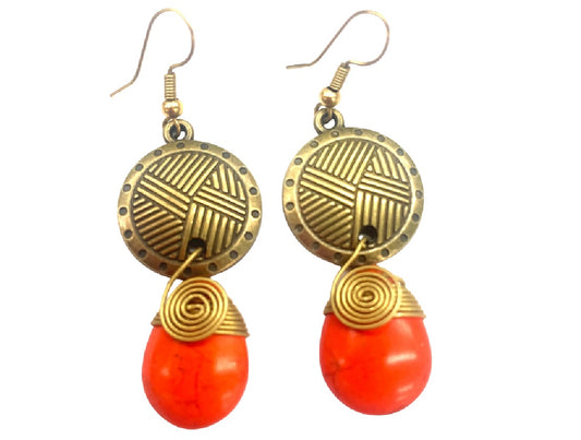 Vintage Brass & Coral Red Tribal Drop Earrings