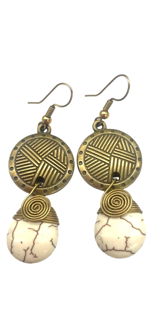 Vintage Brass & White Howlite Tribal Drop Earrings