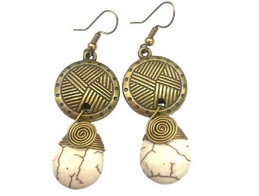 Vintage Brass & White Howlite Tribal Drop Earrings