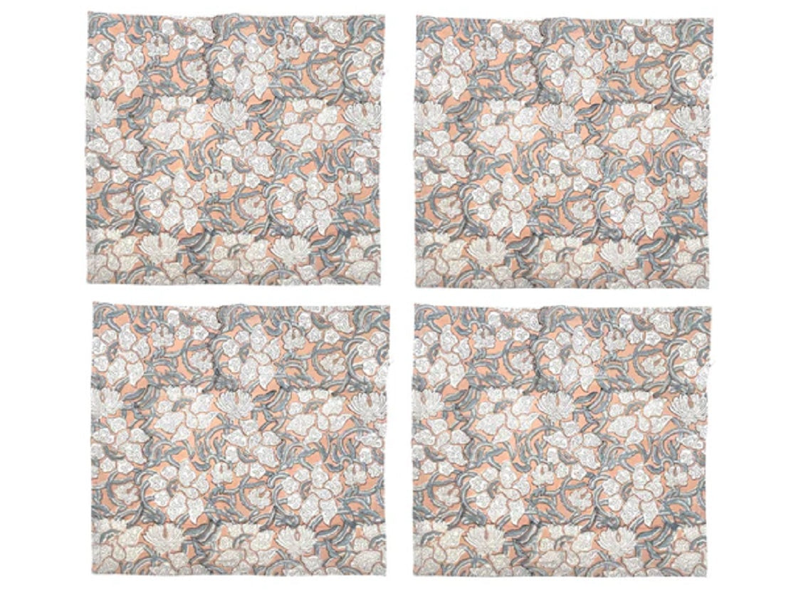 Light Salmon & Grey Floral Napkin 4 Set