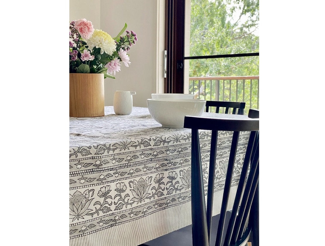 Grey & White Floral Block Print Tablecloth