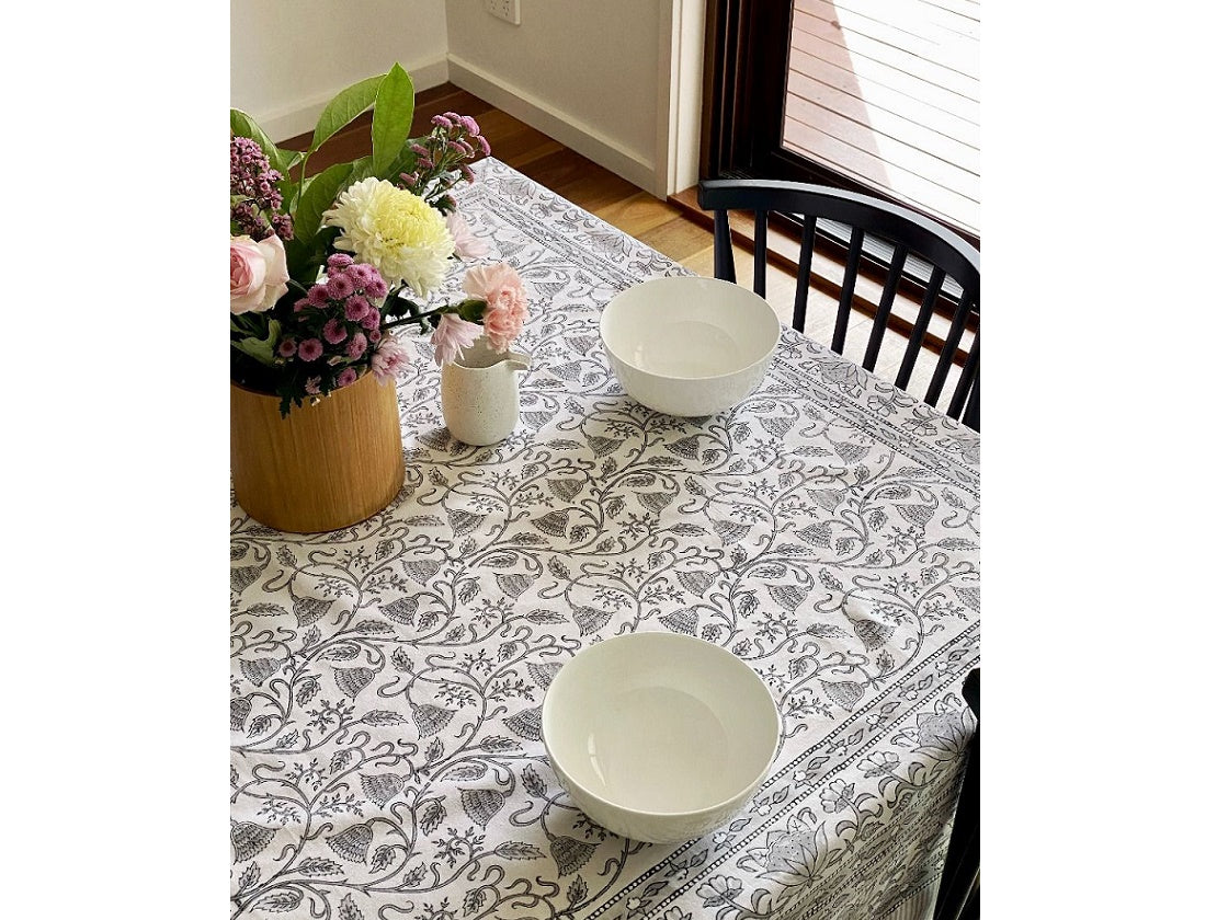Grey & White Floral Block Print Tablecloth