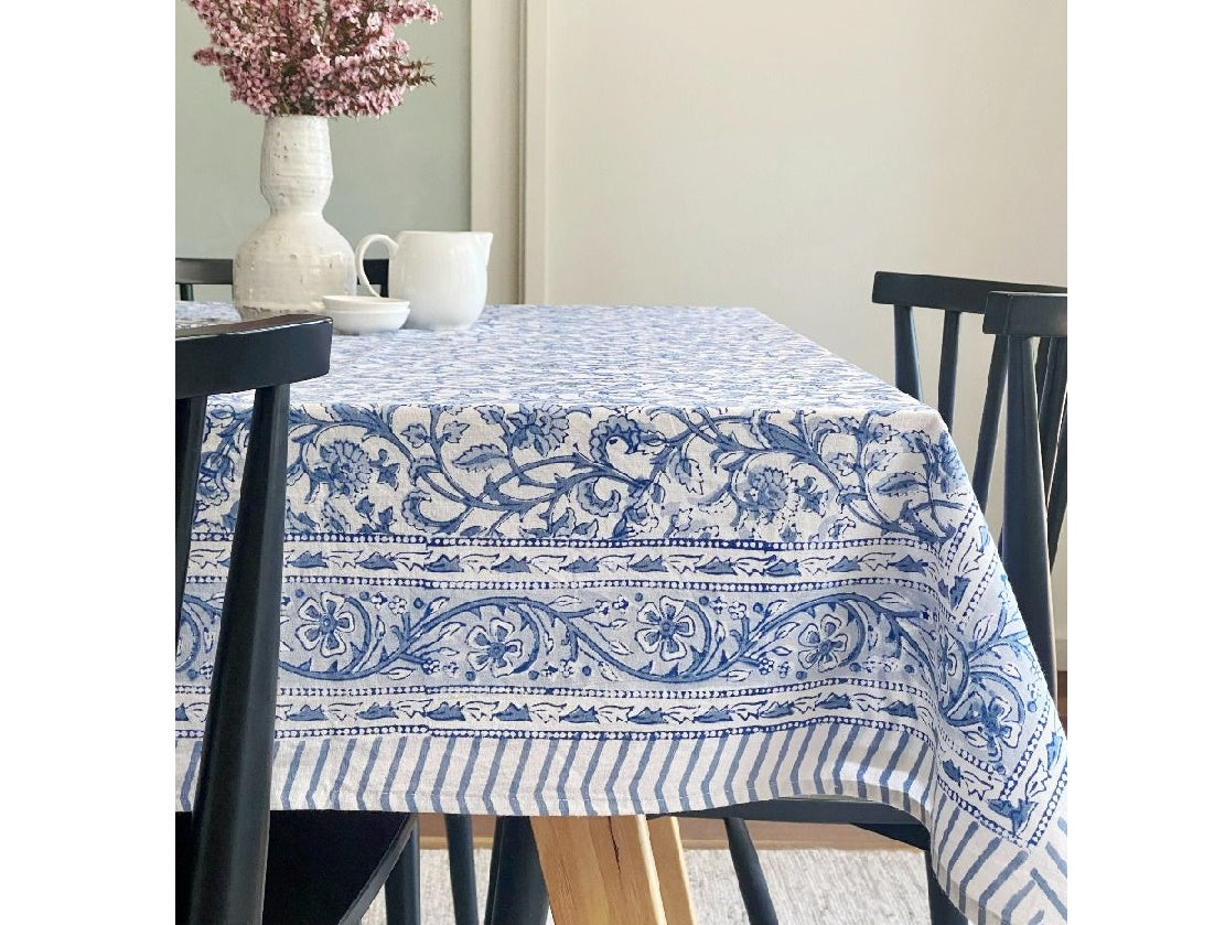 Multi-tone Blue & White Floral Block Print Small Tablecloth