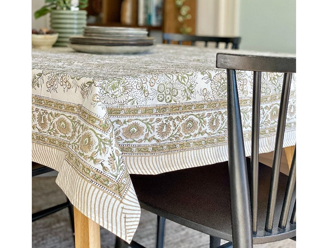 Sand & Olive Block Print Large Tablecloth