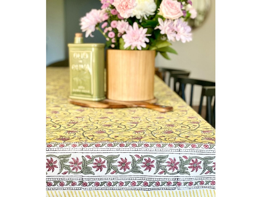 Lemon & Blush Floral Block Print Large Tablecloth