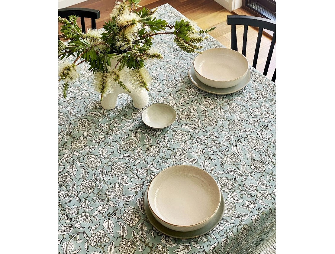 Sage Floral Block Print Small Tablecloth