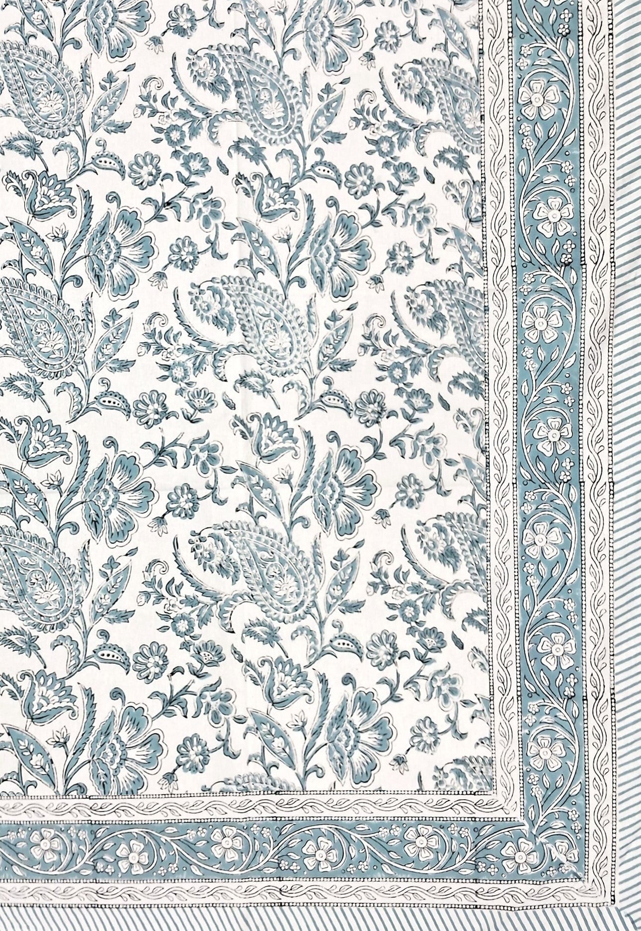 Frosty Blue Paisley Block-Print Small Tablecloth