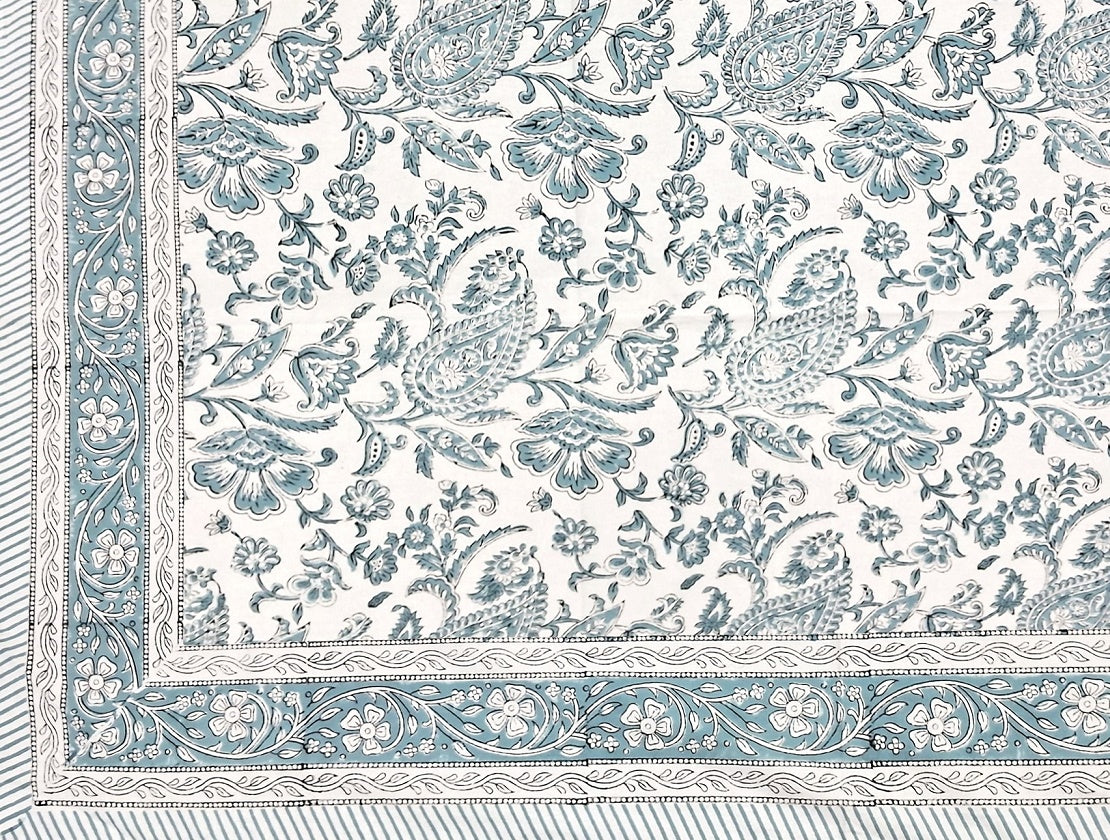 Frosty Blue Paisley Block-Print Small Tablecloth