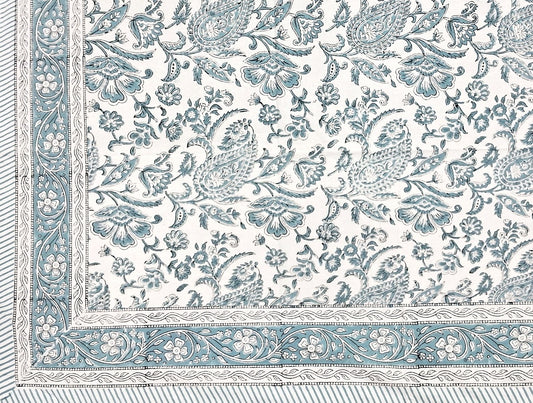Frosty Blue Paisley Block-Print Large Tablecloth