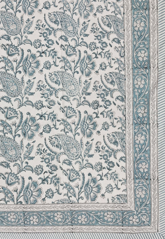 Frosty Blue Paisley Block-Print Large Tablecloth