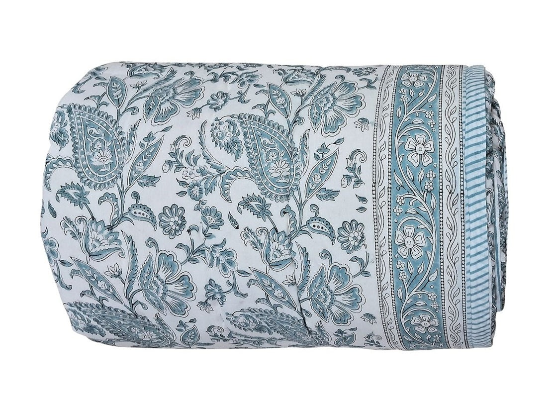 Frosty Blue Paisley Block-Print Quilt