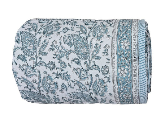 Frosty Blue Paisley Block-Print Quilt