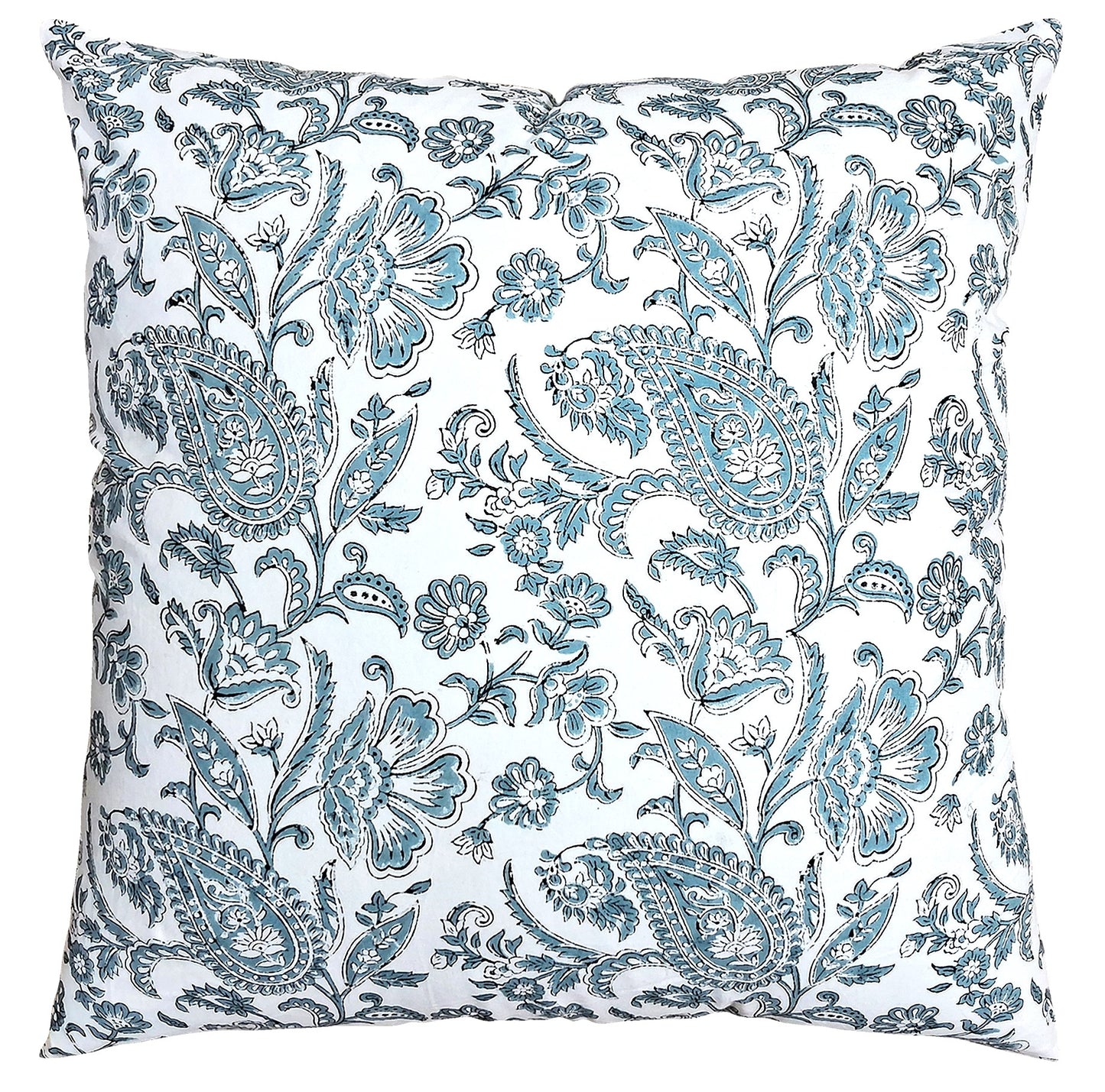 Frosty Blue Paisley Block-Print Cushion