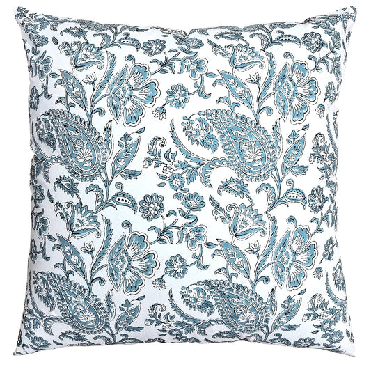 Frosty Blue Paisley Block-Print Cushion