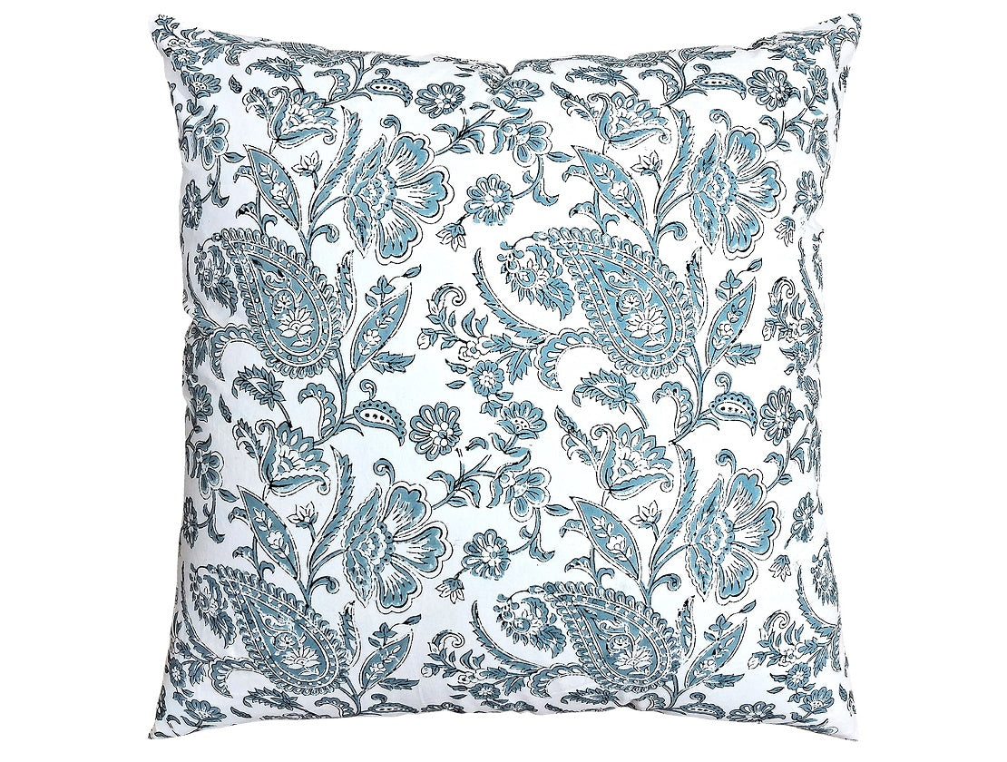 Frosty Blue Paisley Block-Print Cushion