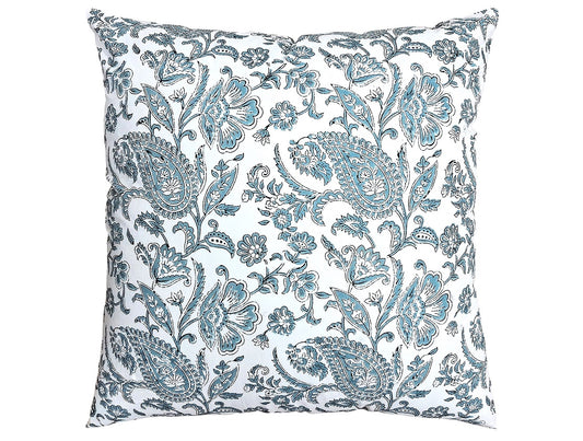 Frosty Blue Paisley Block-Print Cushion