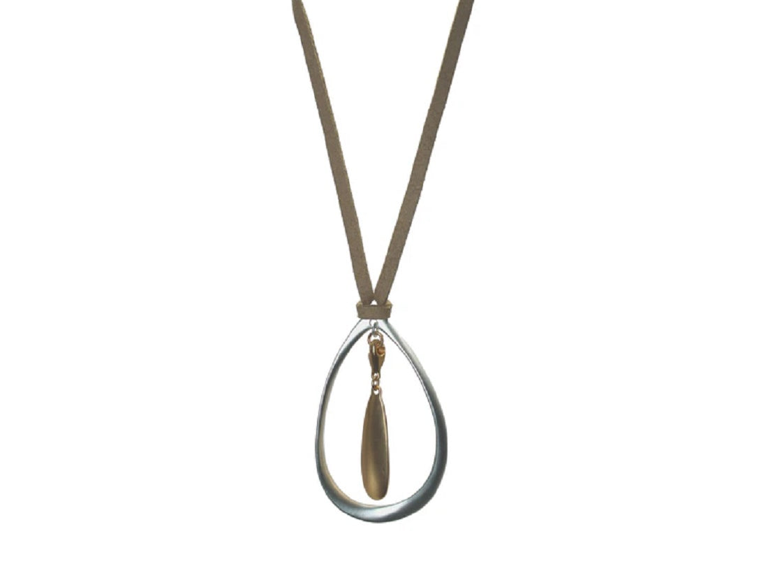 Matt Silver/gold pendant with beige leather