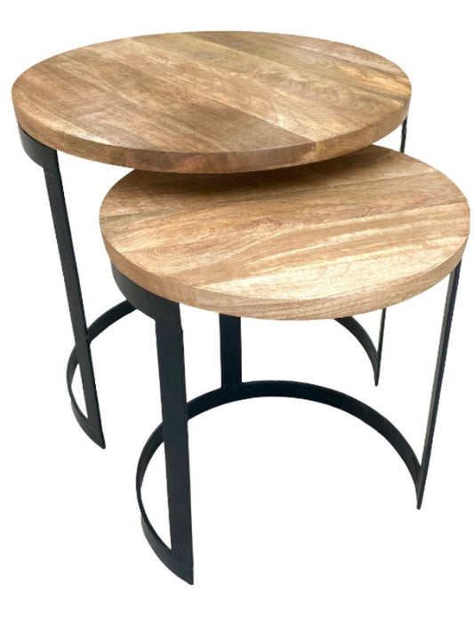 Set of 2 Short Natural Wood Tables with Iron Legs