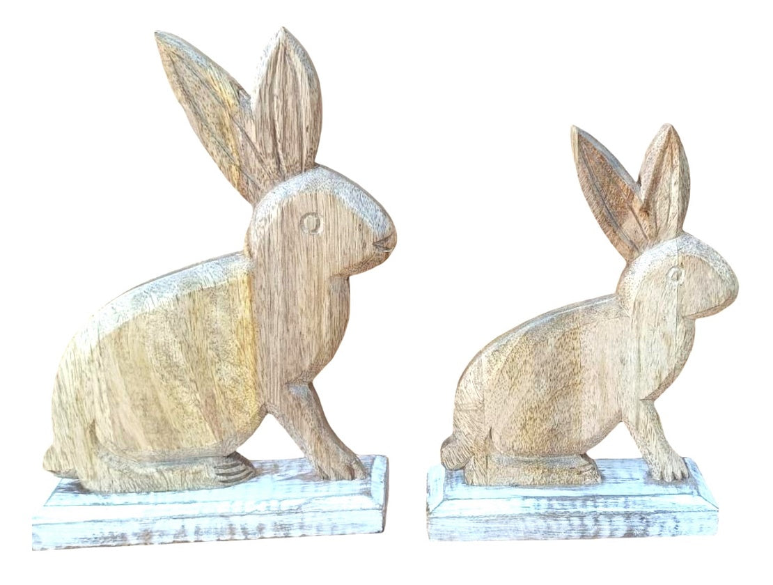 Rustic Hand-Carved Wooden Rabbits – Set of 2