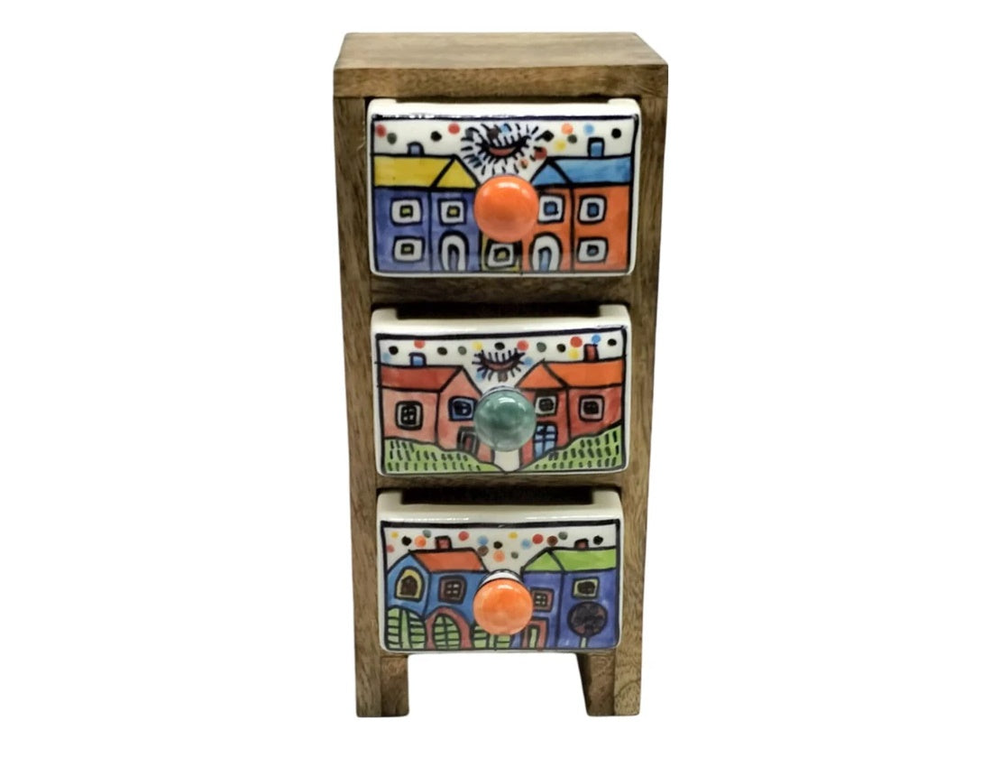 Wooden Three Ceramic Drawer Mini Chest with House Design