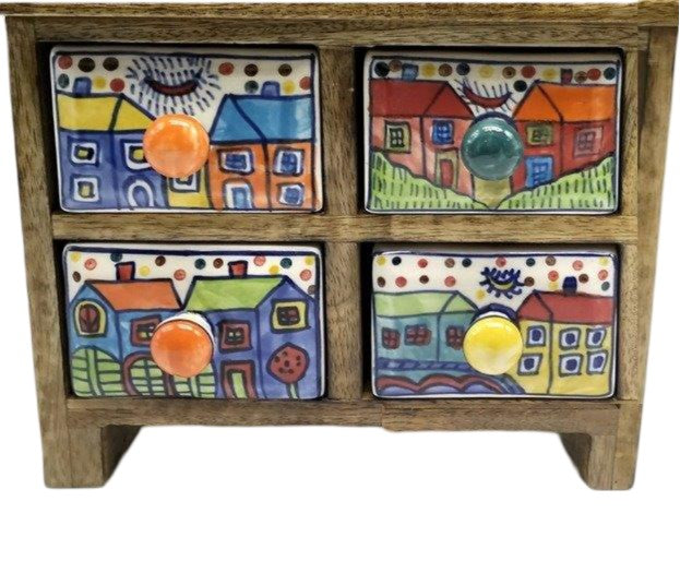 Wooden Four Ceramic Drawer Mini Chest with House Design