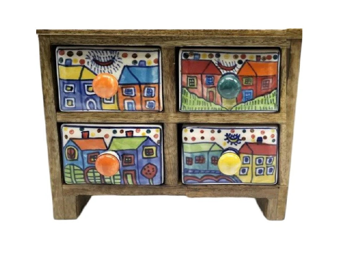 Wooden Four Ceramic Drawer Mini Chest with House Design