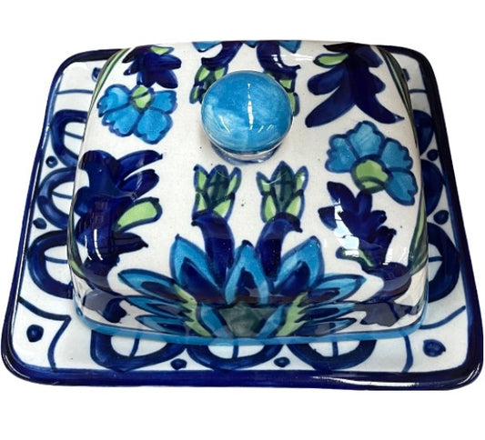Blue & Green Floral Ceramic Butter Dish