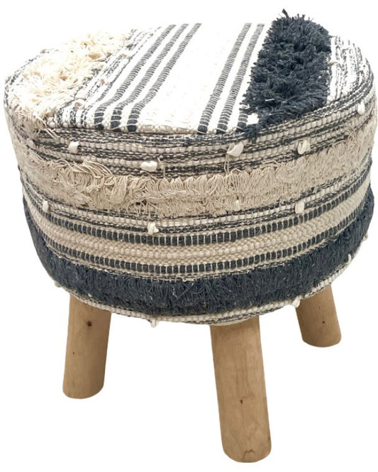 Hand-crafted Wooden & Woven Smokey Blue & Cream Stool