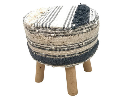 Hand-crafted Wooden & Woven Smokey Blue & Cream Stool
