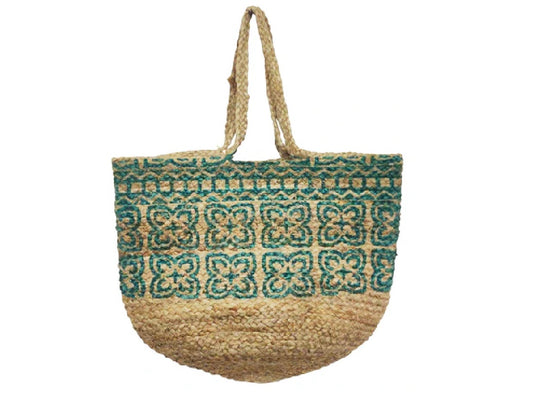 Jute bag with turquoise block print design