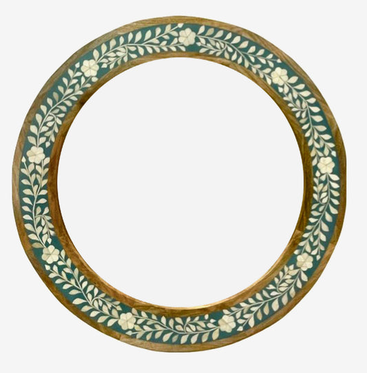 Blue/white floral bone mirror with wood border