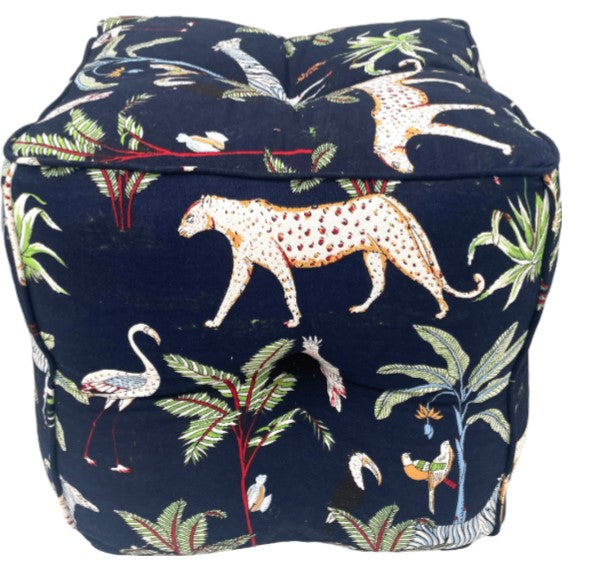 Navy Blue Jungle Print Pouf