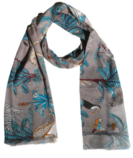 Pale Grey Jungle Design Cotton Scarf