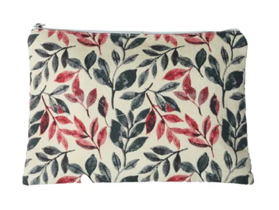 Grey and Coral Leaf Design Cotton Cosmetic Pouch