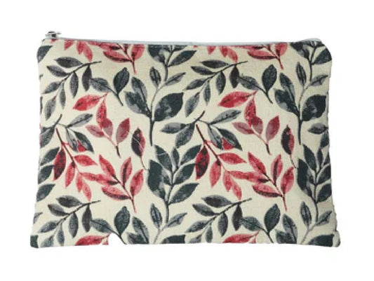 Grey and Coral Leaf Design Cotton Cosmetic Pouch